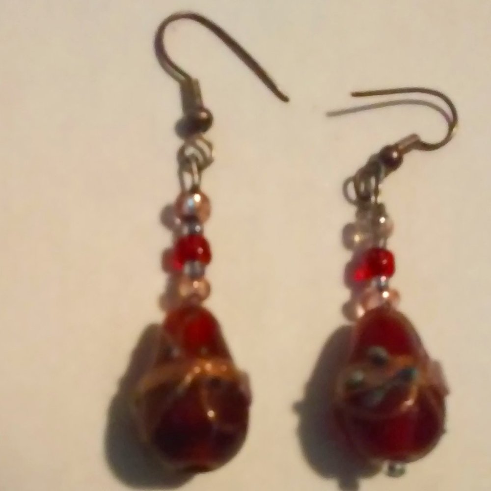 Pierced Earrings Burgundy and Clear Beads Used 2" Long